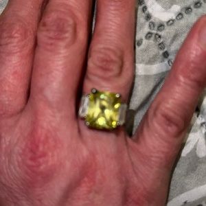 Lemon quartz ring in sterling with bezel set lab created pink sapphires.